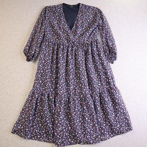 Madewell Dress Medium Blue Floral Tie Waist Midi in Harvest Vine Cottagecore M L